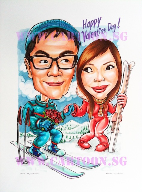 Couple caricature in the Alps