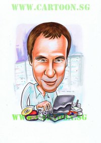 2011-08-19-group-of-6---double-o caricature cartoon of programmer with computer and servers in server room.