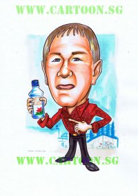 2011-08-19-Groupof6-DoubleO-Fiji Man with red shirt holding fiji mineral water cartoon caricature drawing in singapore