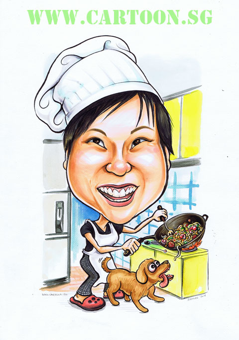 Girl in chef hat cooking with dog eating scraps on the floor